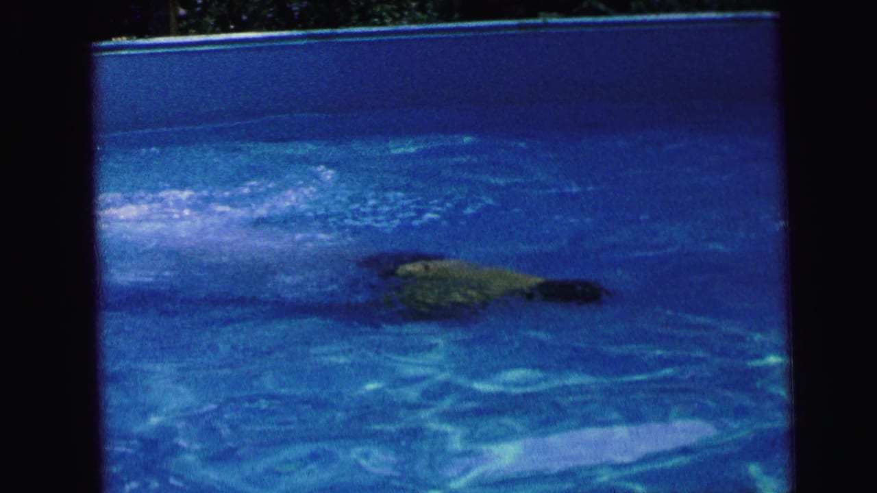 The underwater swimmer moves across the frame through rippling pool water in vintage 8mm footage from Camden, New Jersey.