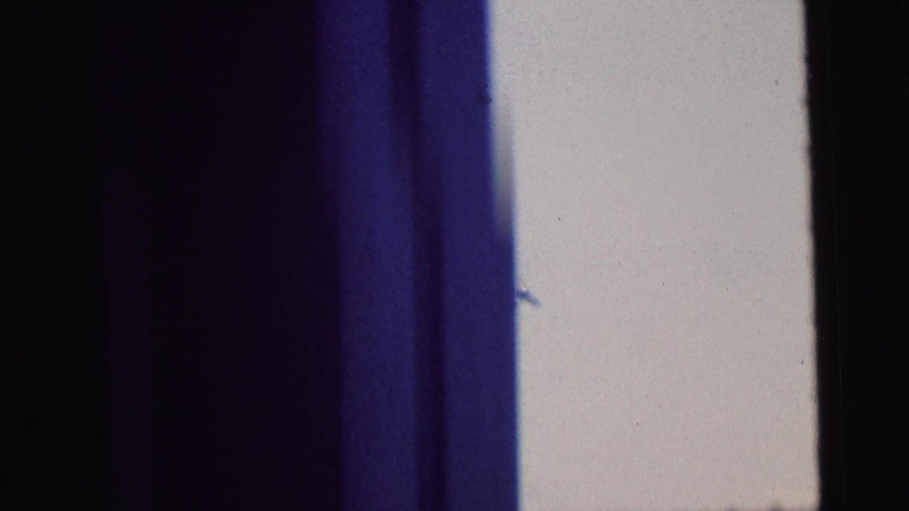 1964 Camden 8mm frame dominated by a blue vertical blur or obstruction at the left, with pale sky, a small tree-top detail, and dark film-edge bands.