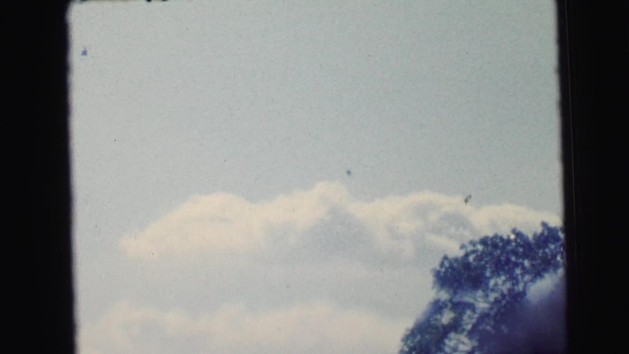 Clouds against pale sky with a dark tree edge and black film borders.