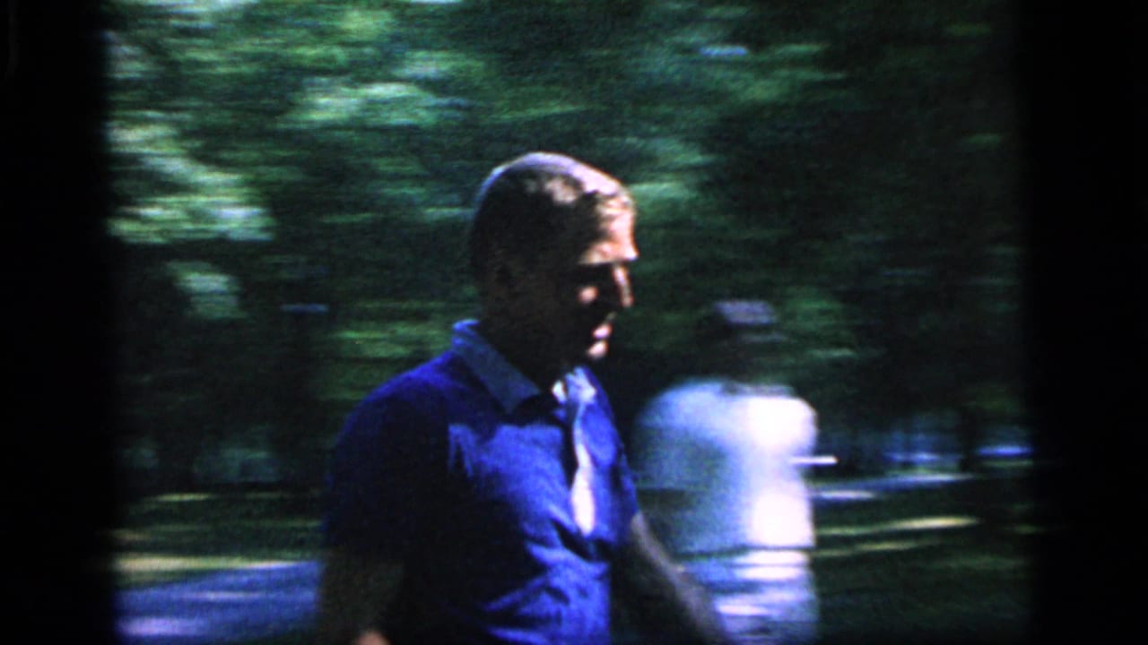 Man in a blue polo shirt moves through a wooded park during badminton play.