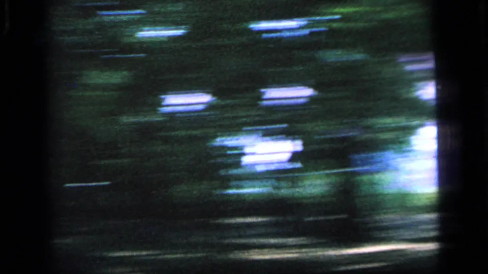 The camera pans quickly across trees and sunlit patches in the wooded park, creating abstract motion blur on 8mm film.