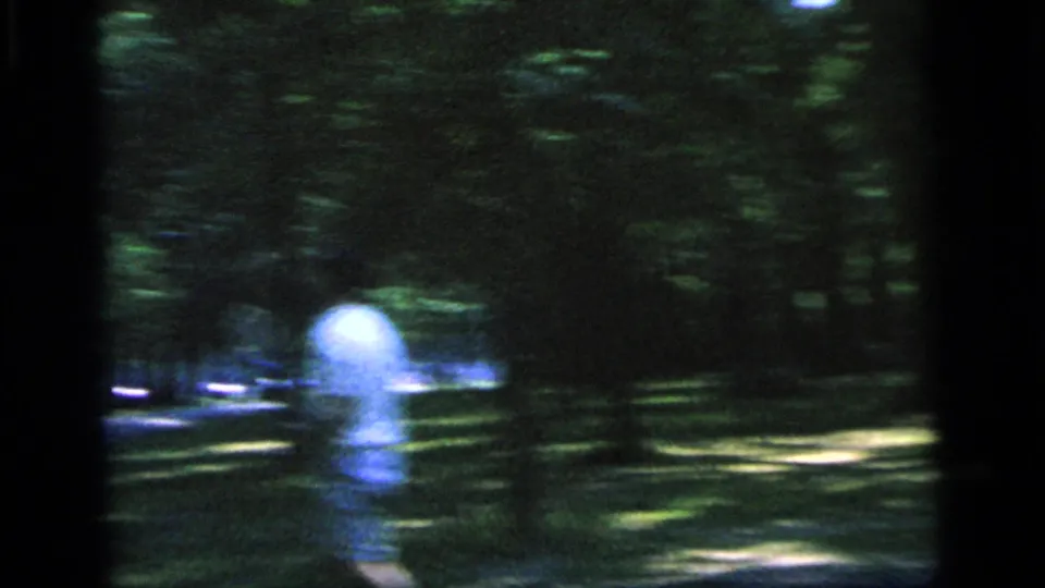 Motion blur and soft focus obscure the adults as the 1964 Camden home-movie camera follows badminton action in the trees.