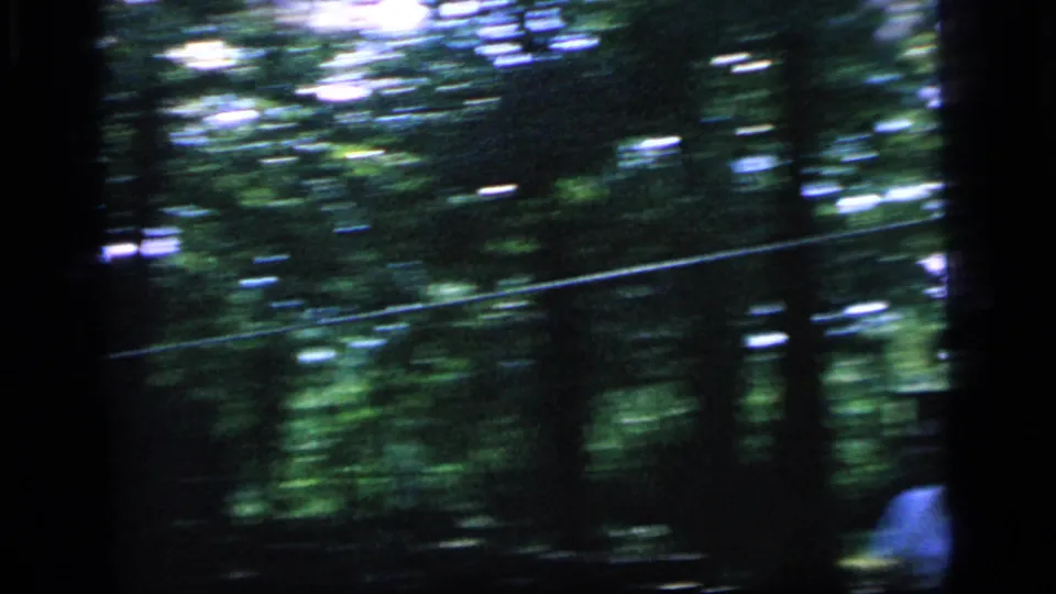 Tree-filled Camden park frame with a partially visible player near the right edge in 1964 8mm footage.