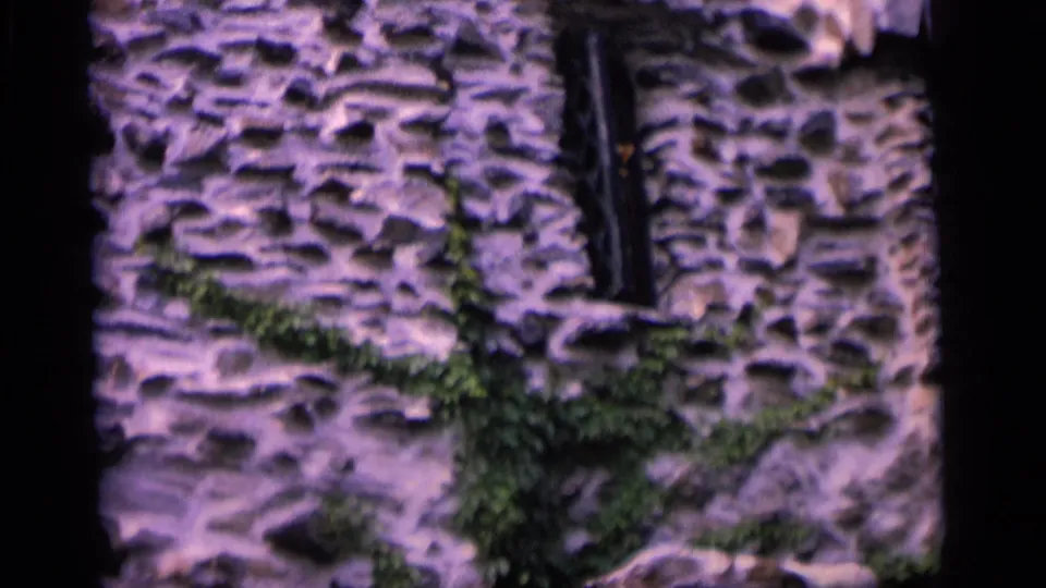 1964 Camden frame showing a rough stone exterior with ivy growth, a dark window, and scalloped roof trim.