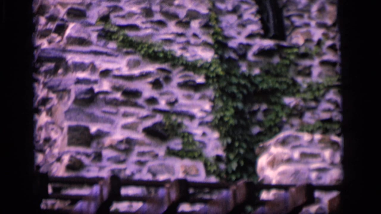 1964 Camden home-movie frame showing rough stone masonry, ivy, and a dark wooden railing in soft focus.