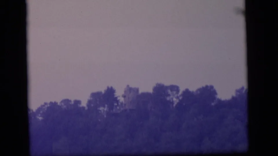 1964 Camden, New Jersey 8mm frame with silhouetted trees, pale sky, blue-purple tint, and soft home-movie texture.