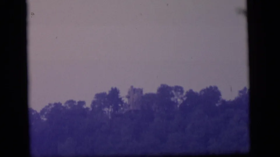 1964 Camden, New Jersey 8mm frame showing a soft treeline, pale sky, and faint structure amid visible film grain.