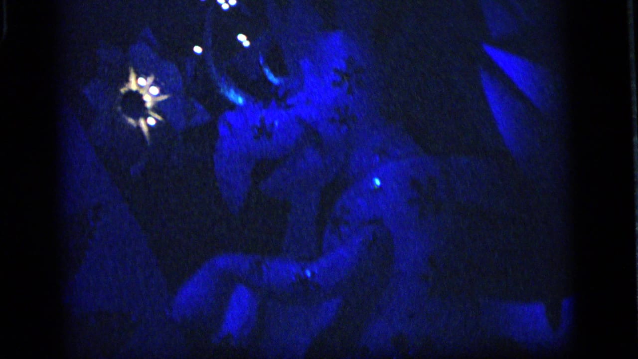 1964 Camden home-movie frame showing a dark attraction display under blue light, with indistinct animatronic animal forms and strong flare.