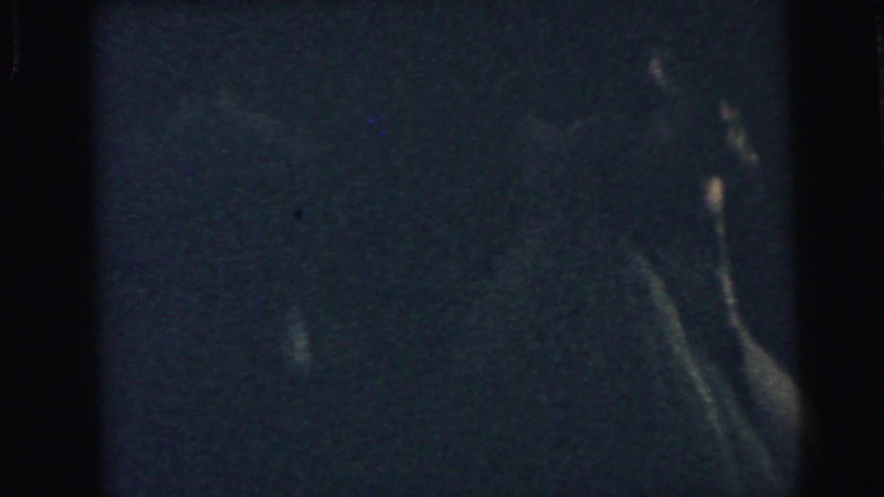 Dim 8mm reception frame with faint human forms, heavy grain, and limited visible detail before the cake-cutting scene.
