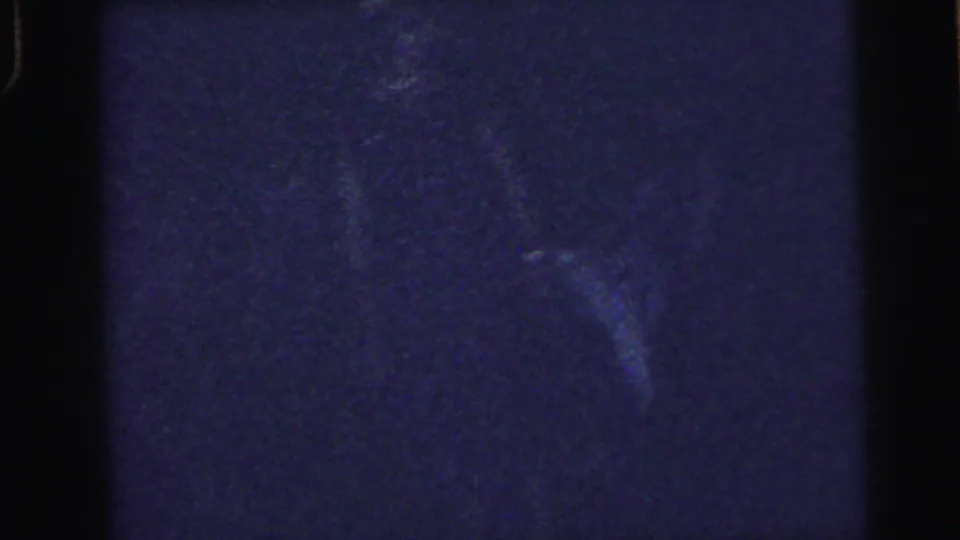 End frame of the 1964 Camden reunion dance clip, with a faint figure or limb visible in heavy blue shadow.