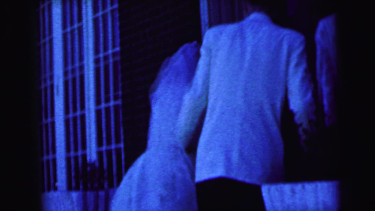 Bride and groom seen from behind approaching a brick building entrance under blue-tinted light.