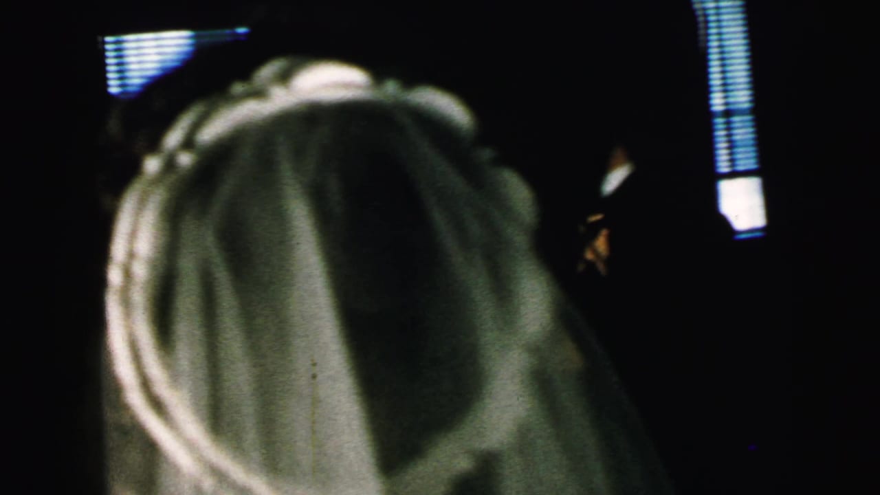 Back of a bridal veil fills the frame in a dark reception room.