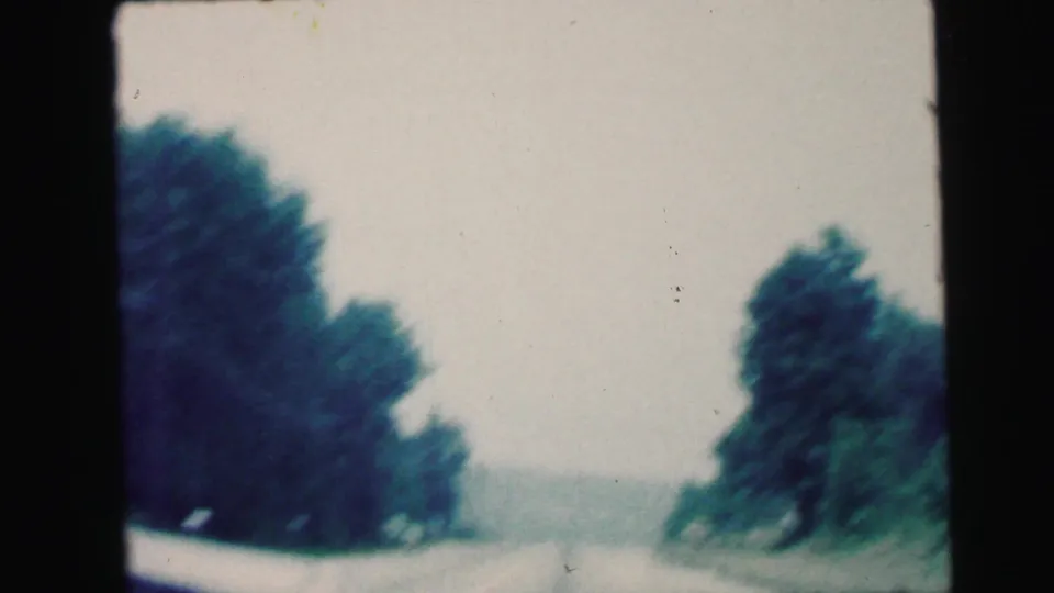 1964 Camden, New Jersey road footage looking ahead through the windshield at a quiet, tree-lined two-lane road.