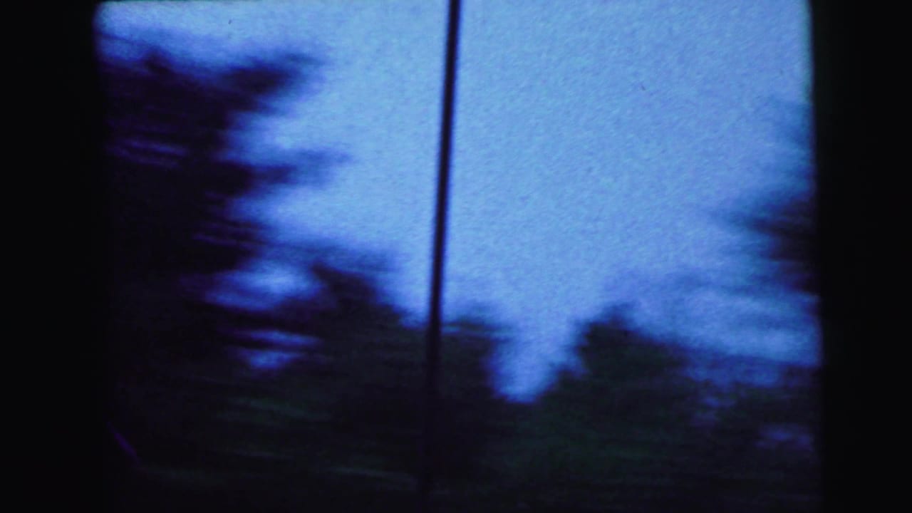 Motion-blurred deciduous trees and a utility pole filmed from a moving car, blue-tinted 8mm footage from 1964, rural New Jersey area.