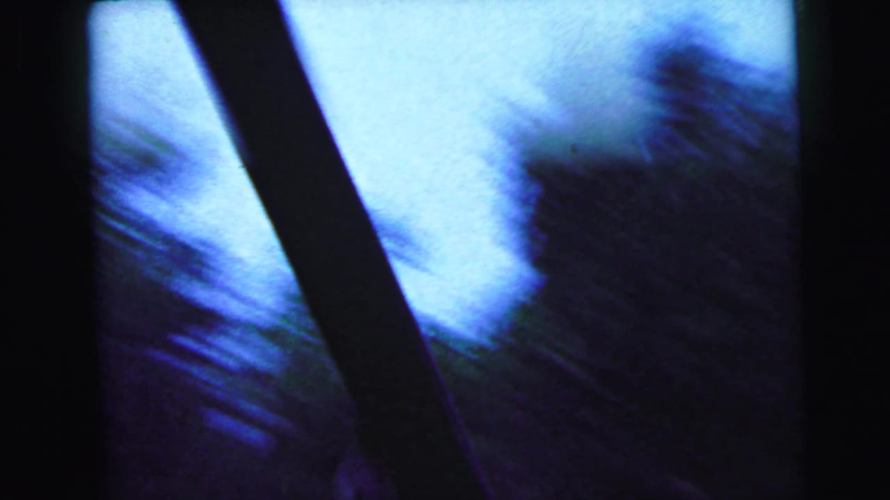 Heavily blurred tree canopy and a car roof strut or A-pillar visible in the upper corner, shot through a window, 8mm circa 1964.