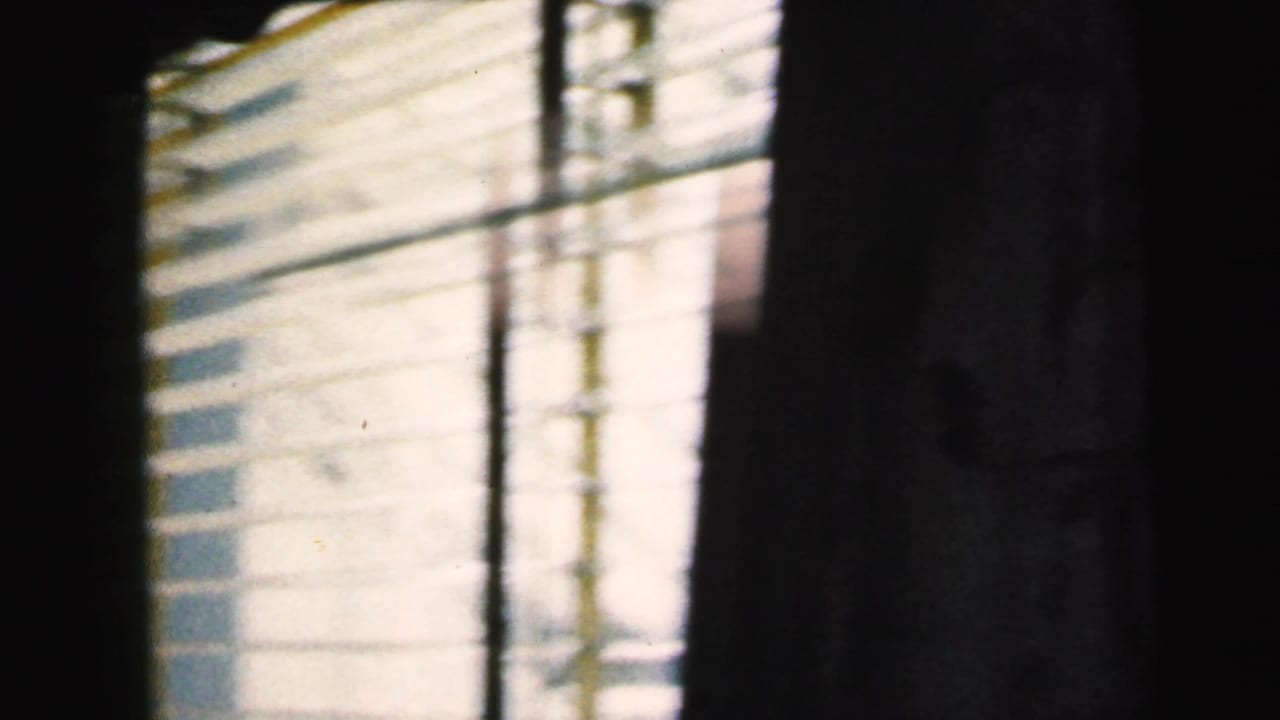 Exterior building facade viewed through horizontal window blinds, dark interior framing the shot