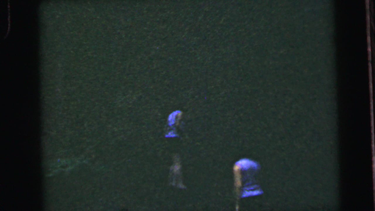 Two women in blue tops filmed in a dark woodland setting in what appears to be a mid-1960s home movie attributed to Camden, New Jersey.