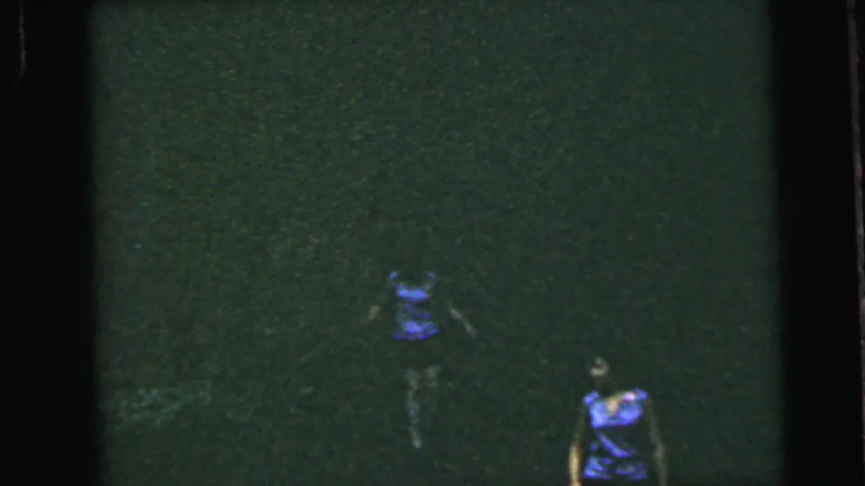 Two women in blue clothing in a dark woodland, mid-1960s 8mm home movie, film gate edge visible at frame right.