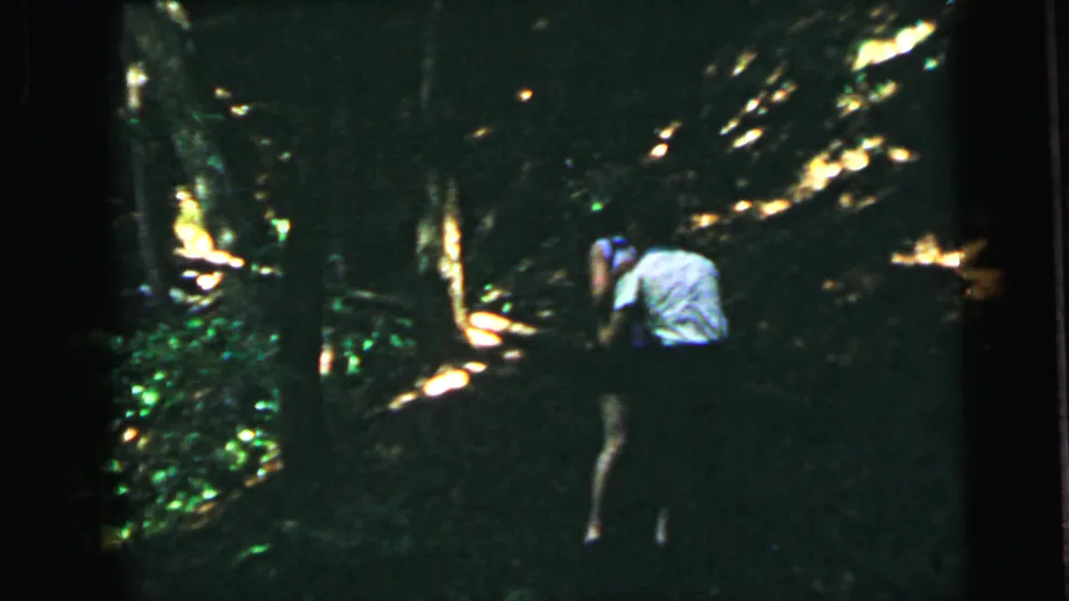 A man in a light-colored blue-green shirt stands facing the camera amid dense forest foliage with warm sunlit patches behind him, 8mm home movie footage circa 1964.