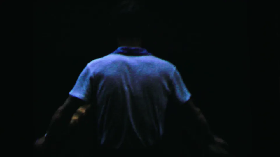 Rear view of a young man in a light blue polo shirt walking into dense dark woodland, likely mid-1960s 8mm home movie footage.