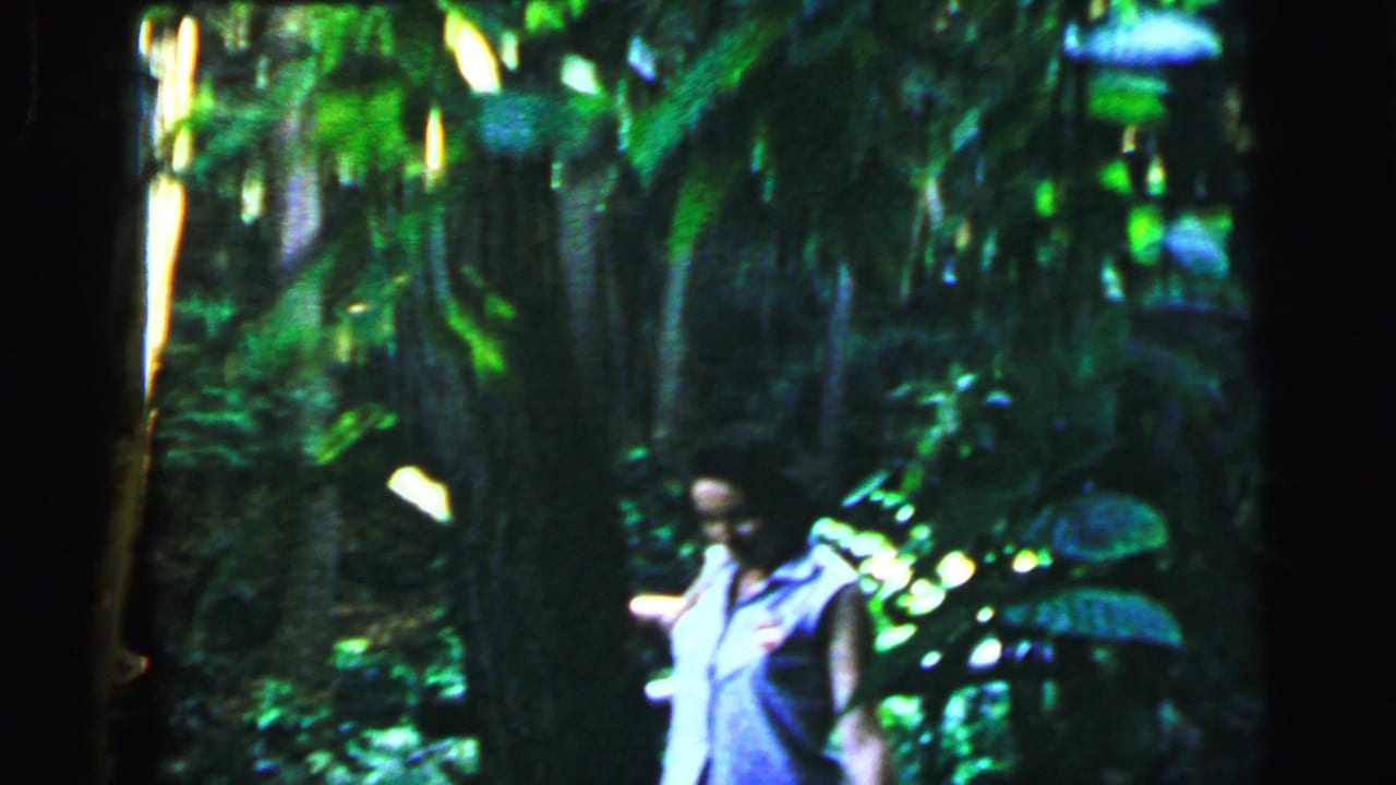Woman in light sleeveless blouse and dark skirt partially visible amid dense green woodland foliage, 8mm home movie.