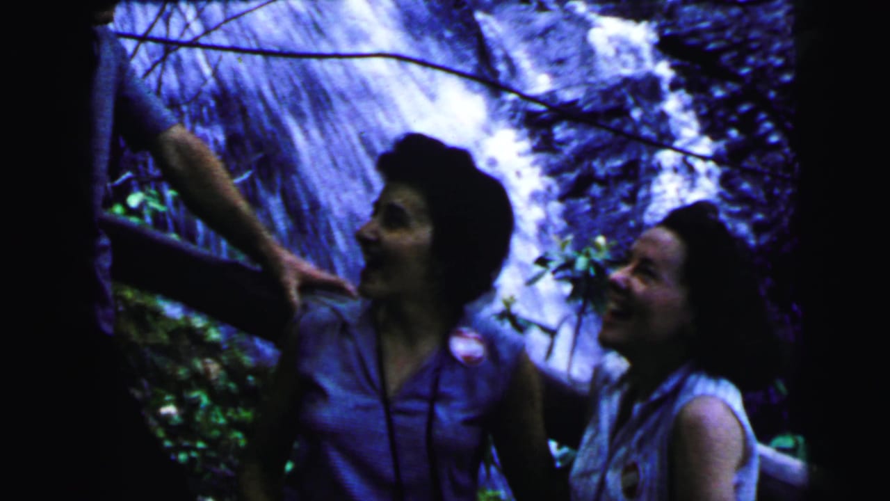 Two women laughing near a cascading waterfall, heavy blue-purple film cast, green foliage in foreground.