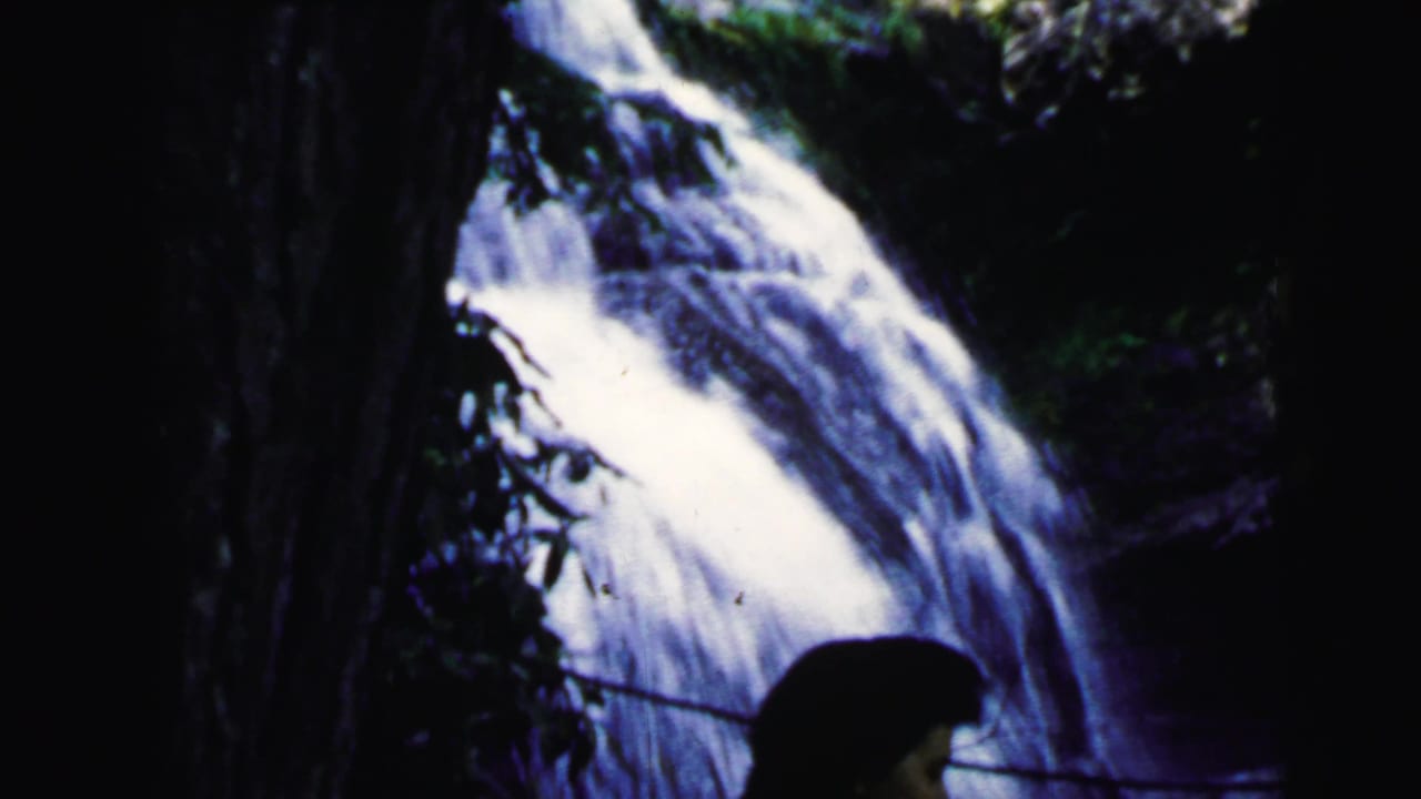 Silhouetted figure at waterfall base, dense foliage, blue-purple 8mm color cast; home movie, Camden New Jersey, 1964.