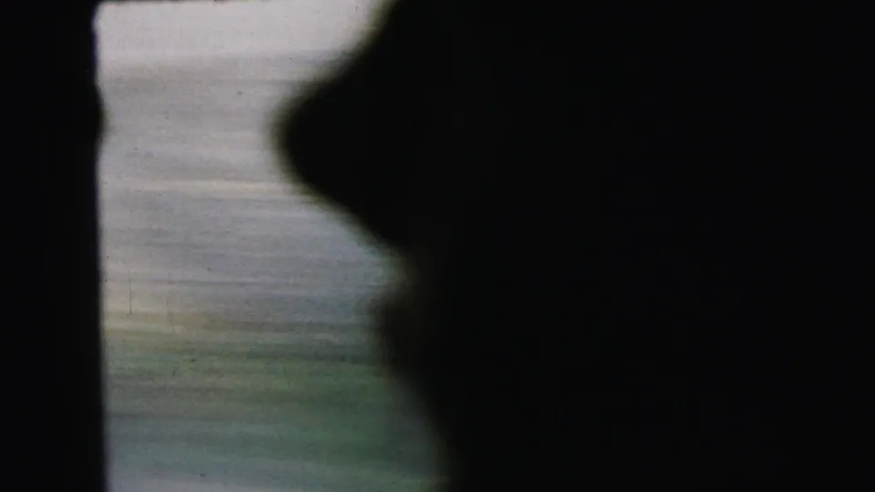 Blurred transitional 8mm frame showing a dark silhouette and motion-blurred outdoor background, captured mid-camera movement.