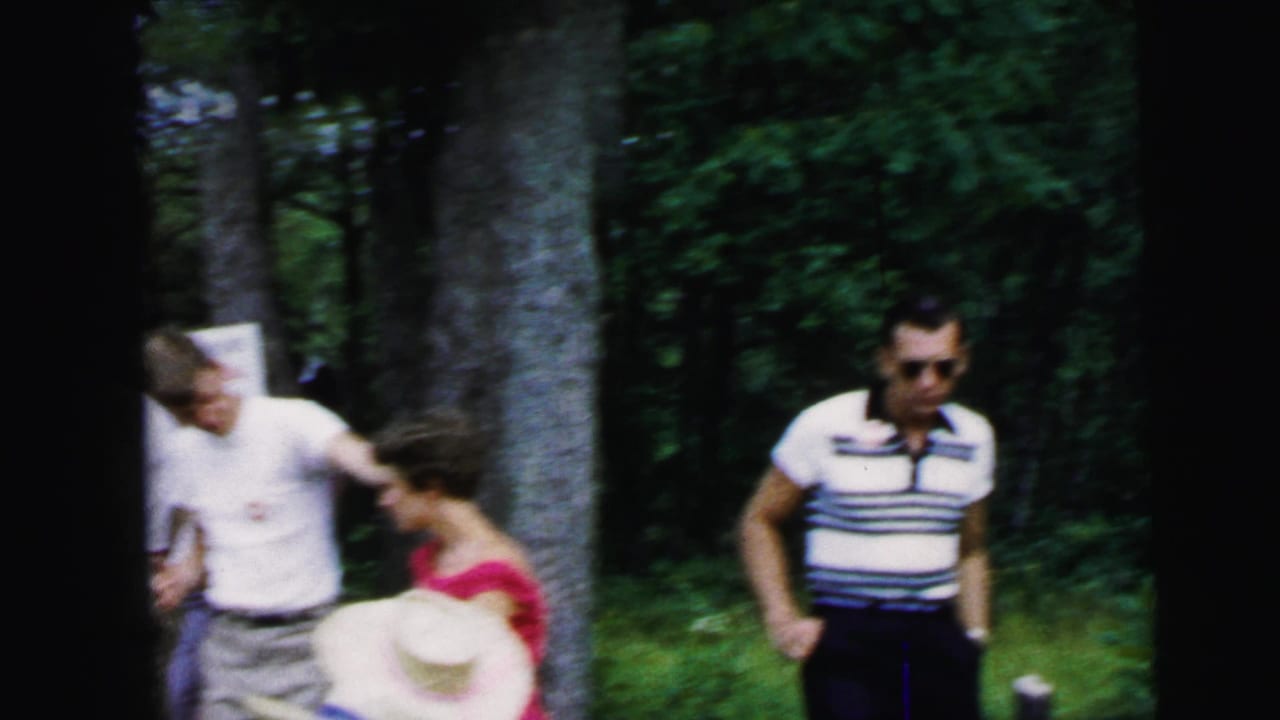 Group of adults in a wooded clearing; man in striped polo and sunglasses at center, woman in red dress and figure in straw hat nearby.