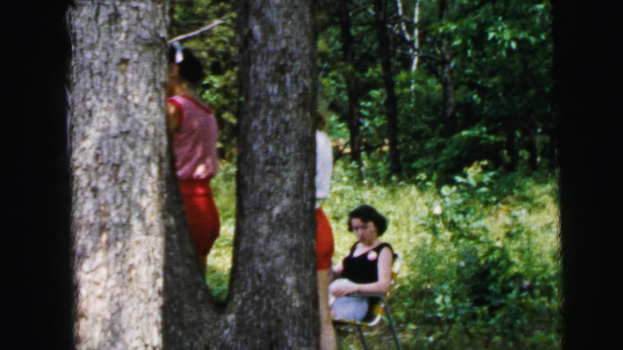 1964 8mm home movie frame of a woman in a black tank top and sunglasses relaxing in a folding chair, with a companion in red visible near a tree trunk, in a lush summer outdoor setting.