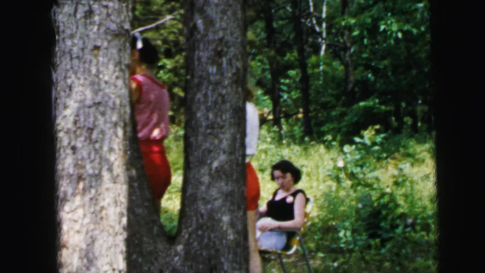 1964 8mm home movie frame of a woman in a black tank top and sunglasses relaxing in a folding chair, with a companion in red visible near a tree trunk, in a lush summer outdoor setting.