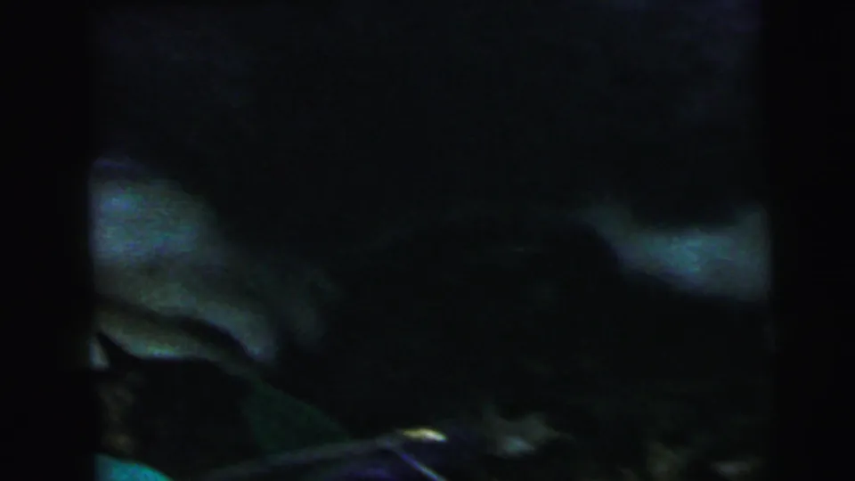 Near-black final frame with faint green-teal tones in the lower corner, possibly vegetation or debris, heavily underexposed 8mm footage, Camden NJ reel, 1964.