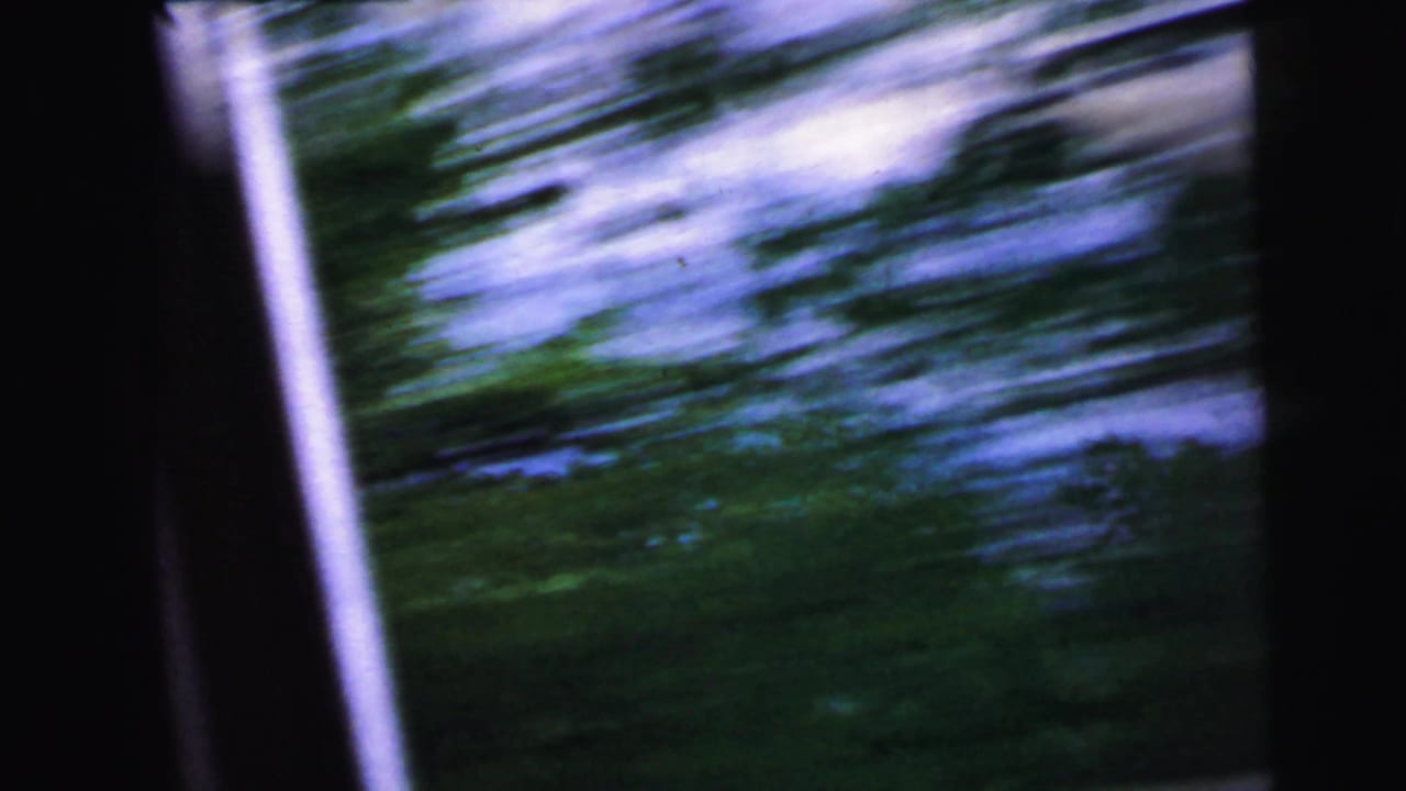 Heavily motion-blurred 8mm frame showing green tree canopy and blue sky, tilted as the camera pans rapidly past roadside foliage.