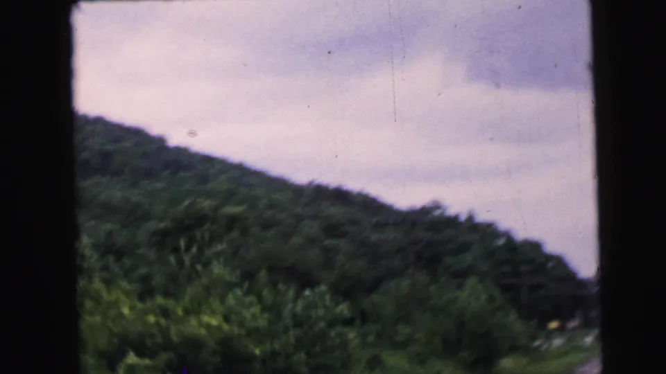8mm home movie shot from a moving vehicle, showing dense deciduous hillside and overcast sky, reportedly filmed in New Jersey in 1964.