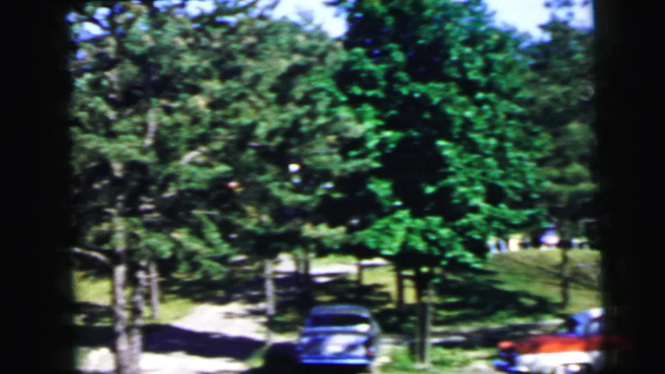 Tall deciduous trees at a wooded New Jersey campground, with a dark-colored vehicle at lower right, from 8mm home movie footage circa 1964.