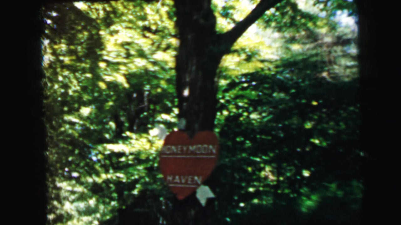 Red heart-shaped HONEYMOON HAVEN sign on a tree alongside a narrow wooded lane, identified as Camden, New Jersey, 1964, 8mm home movie