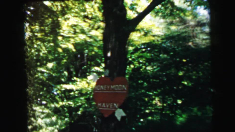Red heart-shaped HONEYMOON HAVEN sign on a tree alongside a narrow wooded lane, identified as Camden, New Jersey, 1964, 8mm home movie