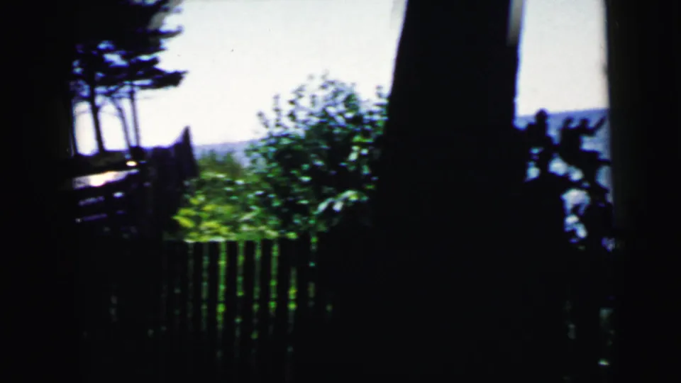 A shaded yard with summer foliage, a white picket fence, and a glimpse of water beyond, from a 1964 8mm home movie.