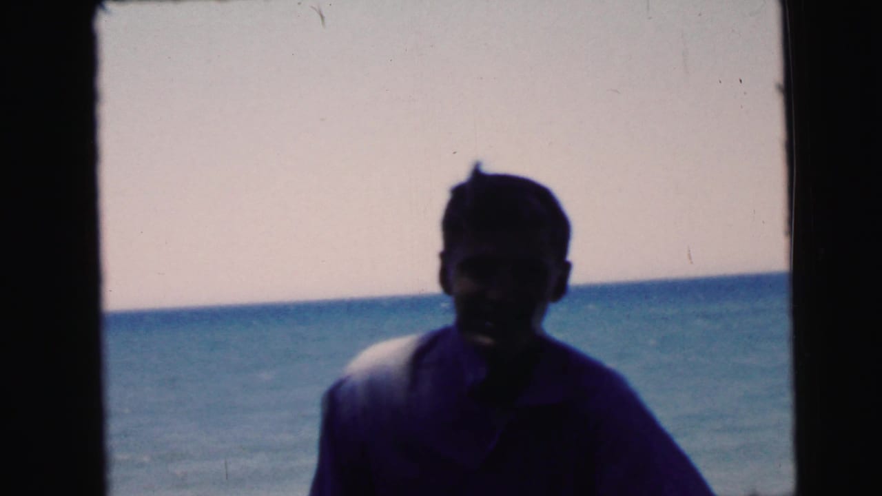 Young man in purple short-sleeved shirt stands near a body of water, upper body framed against a pale sky.