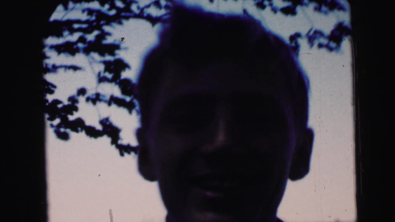 Extreme close-up of a man's head in silhouette with tree branches overhead, consistent with handheld 8mm framing circa 1964.
