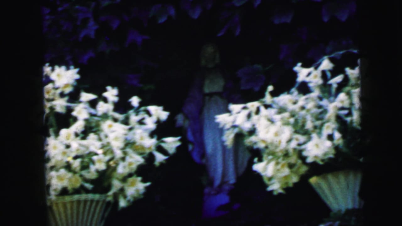 White flowers in baskets beside a shadowed robed statue and dark garden foliage.