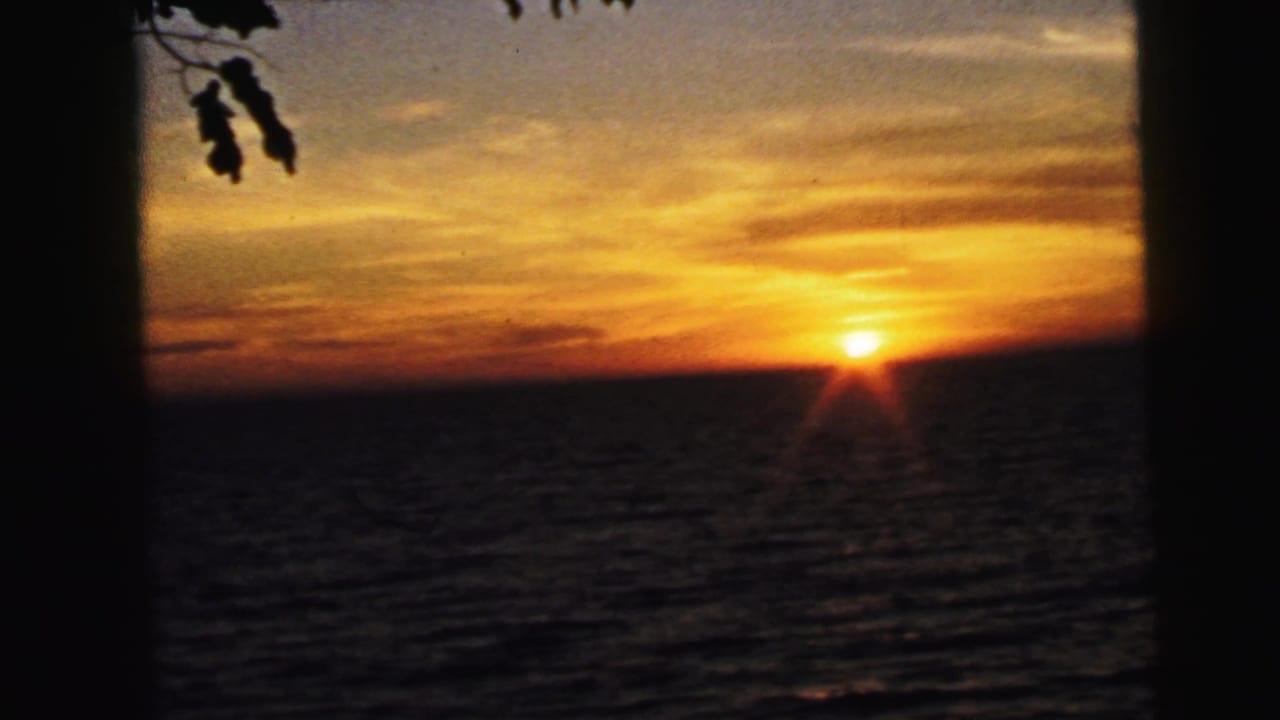 1964 8mm home-movie frame of a golden-orange sunset over water in Camden, New Jersey, with dark leaves and a shaded vertical edge framing the view.