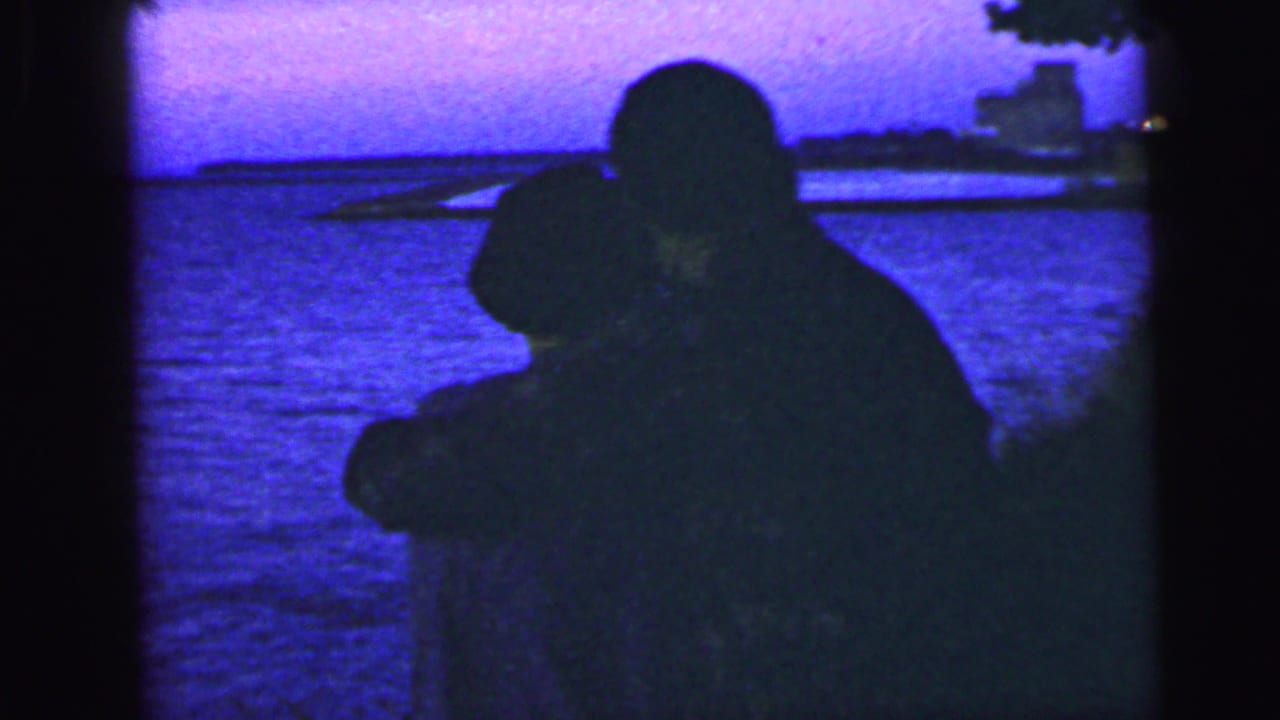 A silhouetted couple embraces near open water under a purple sky.