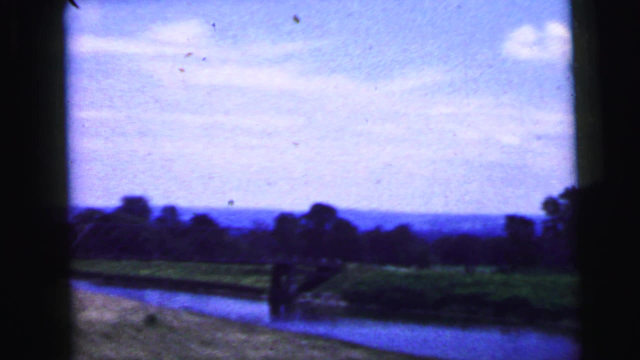 Rural view through a vehicle window with water, fields, trees, and a blue-purple sky.