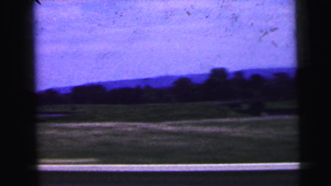 Open roadside fields and distant trees seen through a dark vehicle window frame.