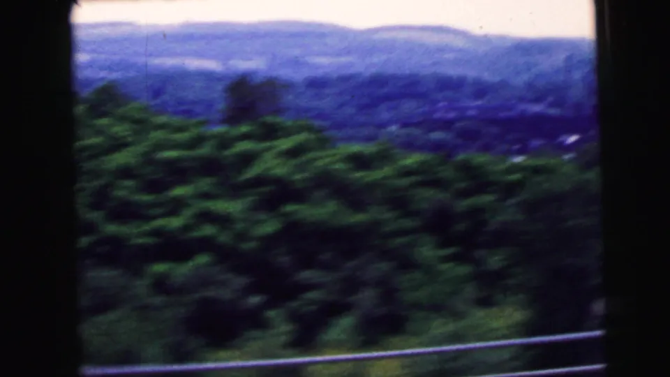 1964 home-movie frame showing motion-blurred greenery and distant hills from a passenger viewpoint.