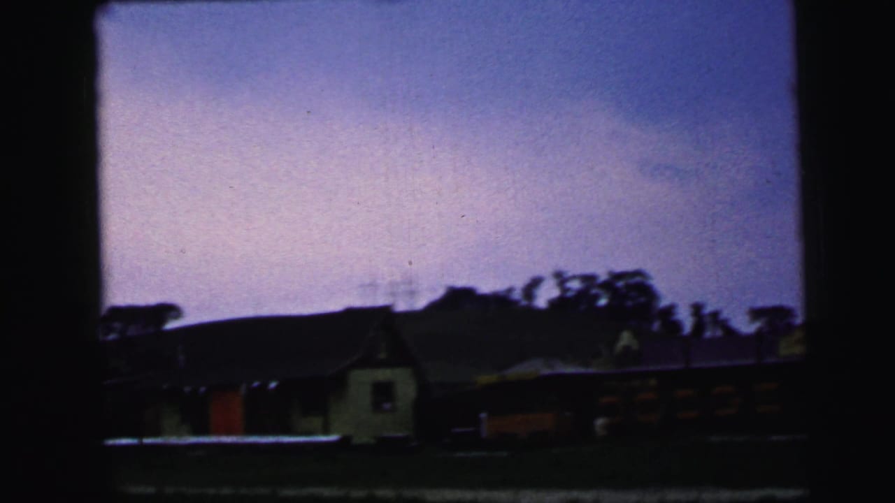 Low buildings and trees seen from a moving vehicle under a purple dusk sky.