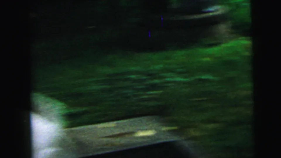 The final frame is a motion-blurred outdoor view of lawn and pavement, with a dark vehicle-like edge near the top.