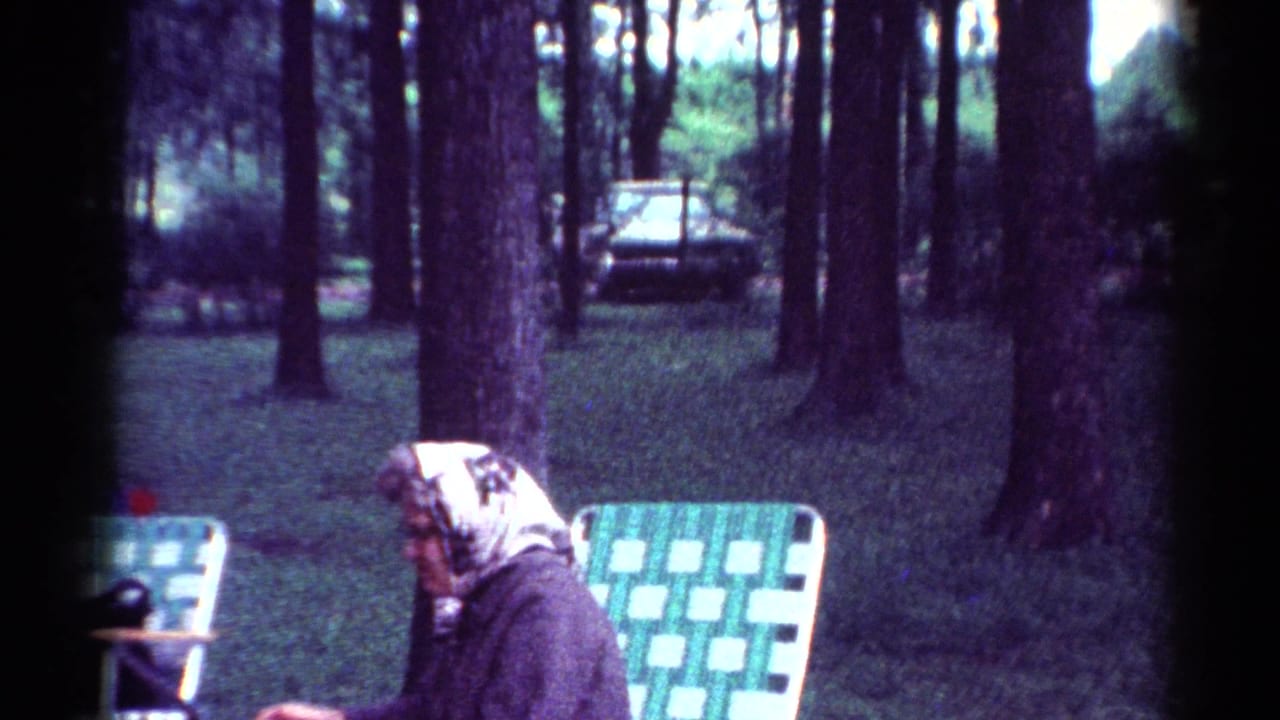 Woman in a headscarf sits beside a green-and-white lawn chair in a wooded park.