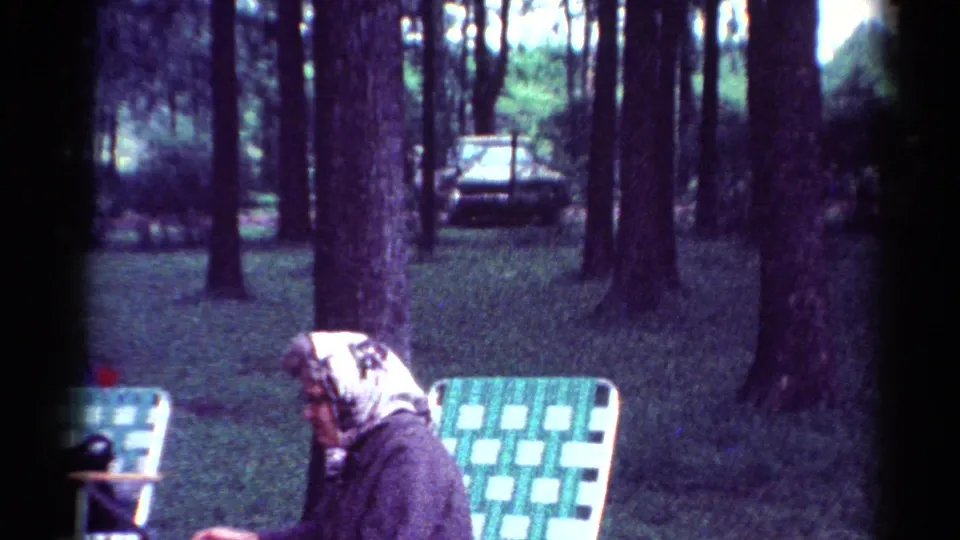 1964 Cleveland picnic footage shows a woman in a headscarf seated near folding lawn chairs under trees.